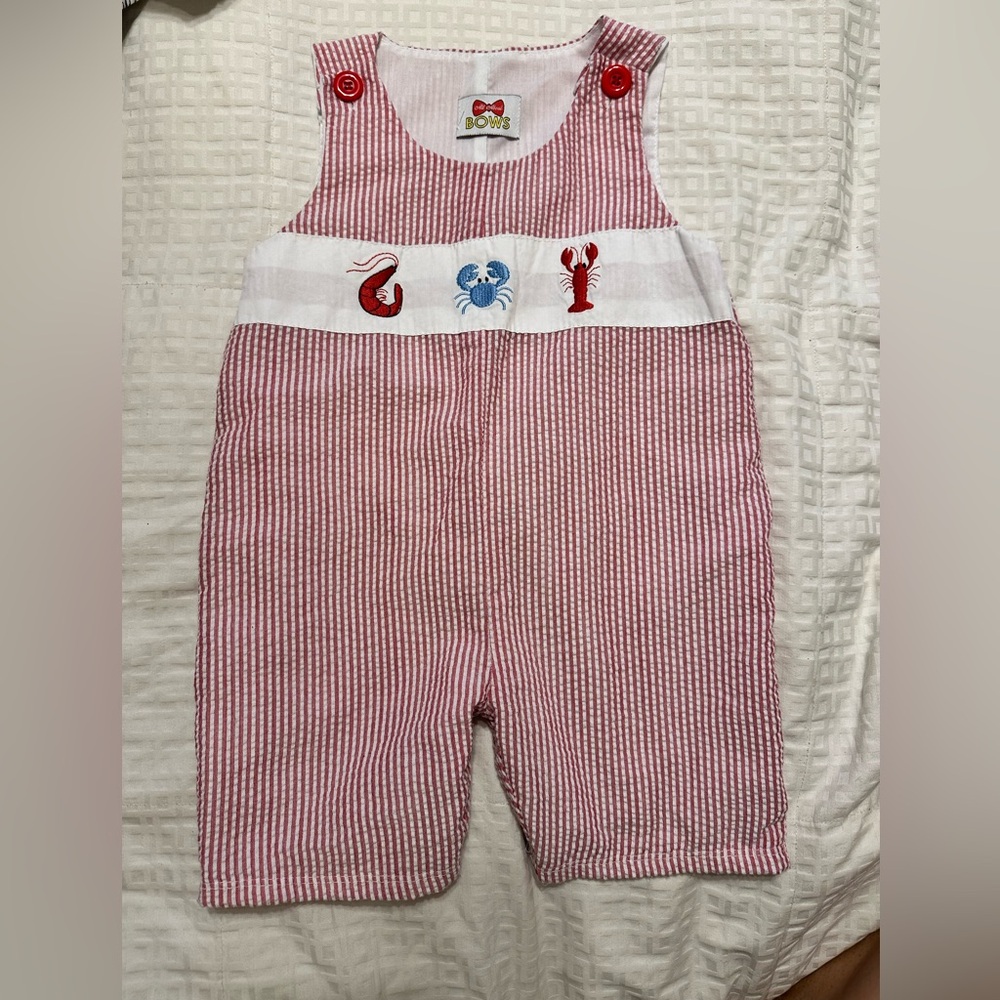 Red and White Striped Baby Romper with Sea Creature and Crawfish Embroidery